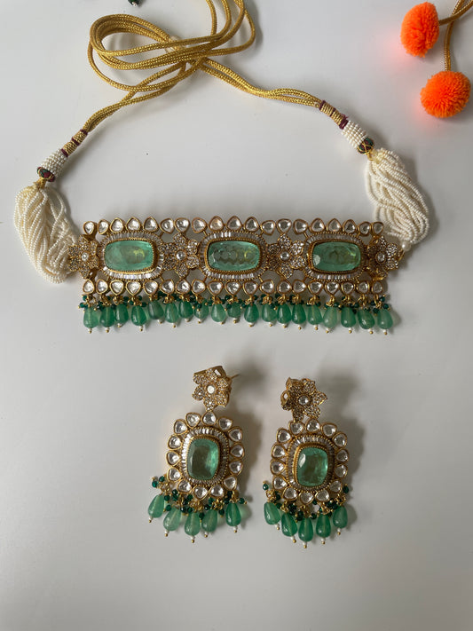 Gold Finish Jade Green Stone Utsav Kundan Choker Set with Pearl String