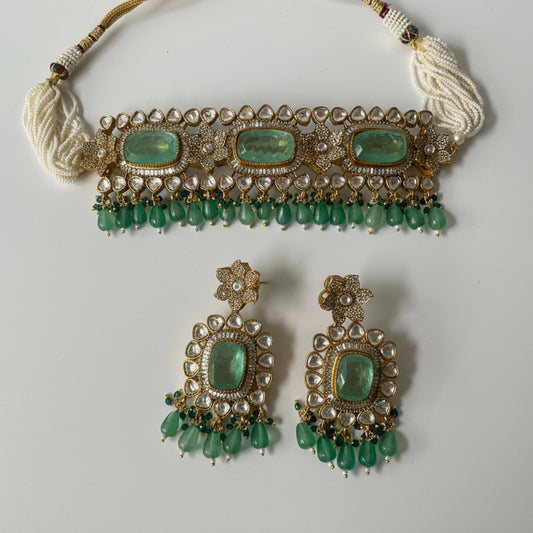 Gold Finish Jade Green Stone Utsav Kundan Choker Set with Pearl String