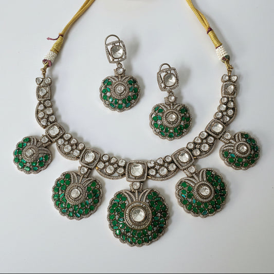 Gold Finish Utsav Necklace Set with Green and White Stone and Miligrain Details