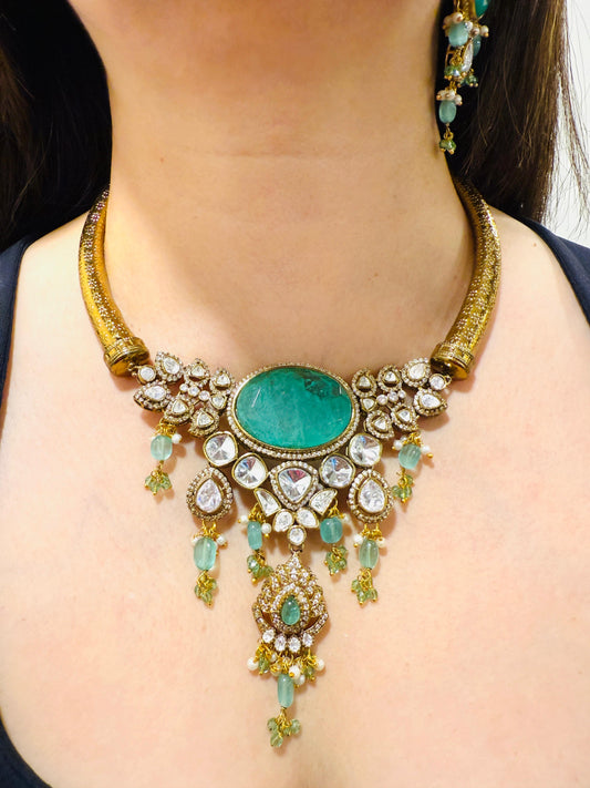 Gilded Gold Utsav Choker Set with Sea Green Stone Accents