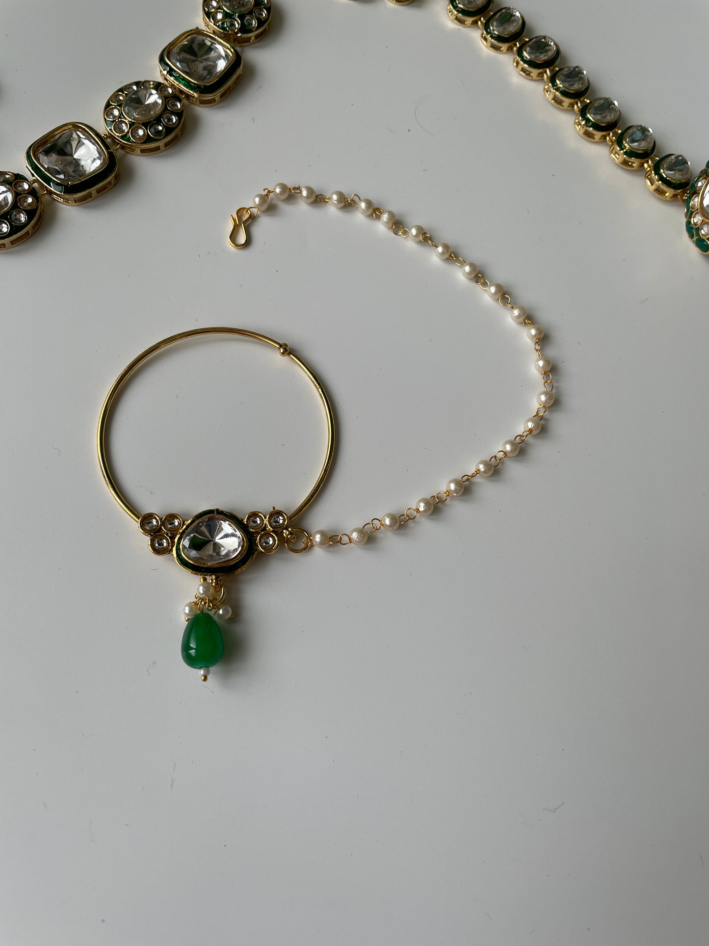 Emerald Green Utsav Kundan Necklace Set, Mathapatti, Nose Ring and Hand Harness