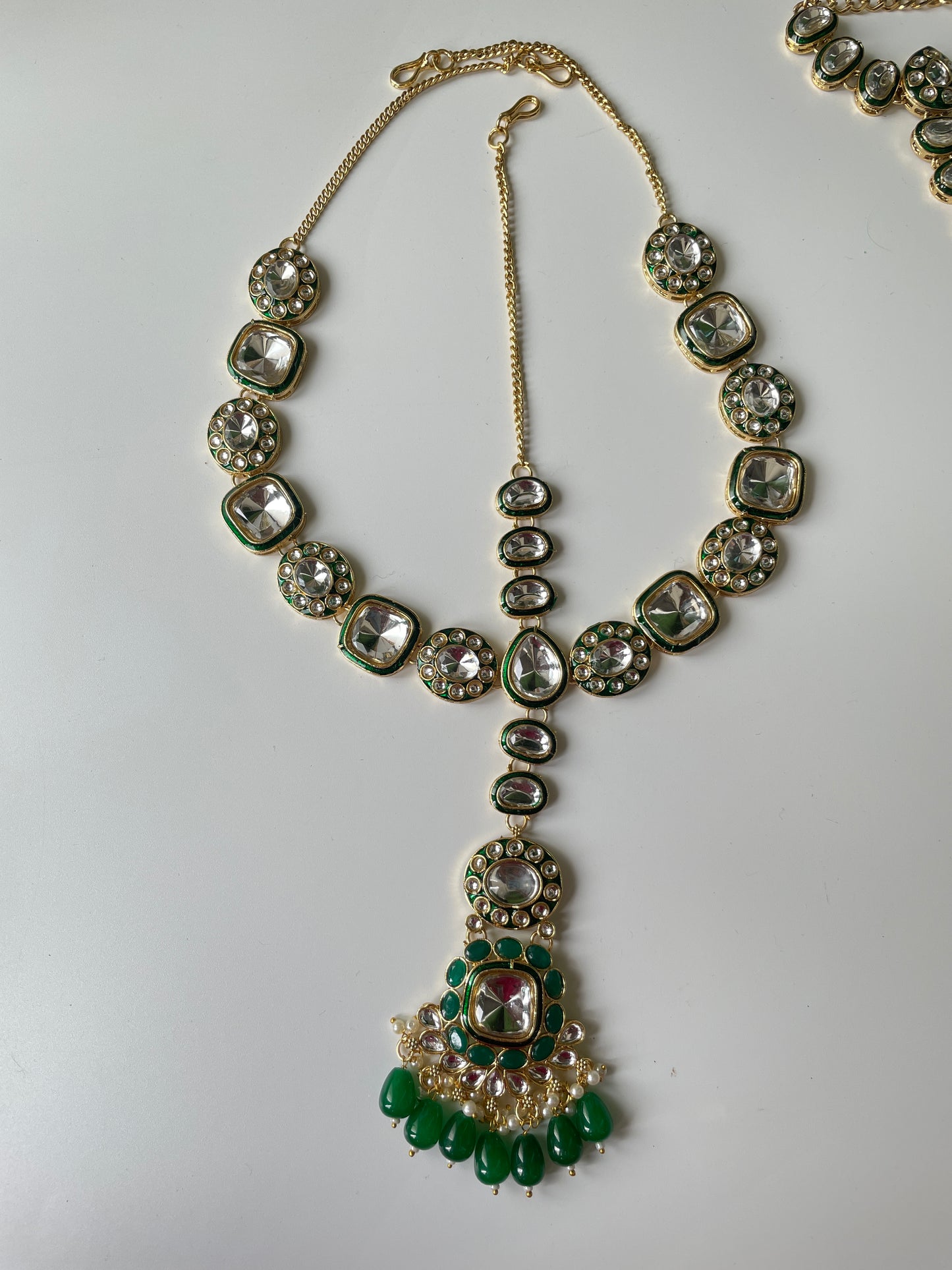 Emerald Green Utsav Kundan Necklace Set, Mathapatti, Nose Ring and Hand Harness
