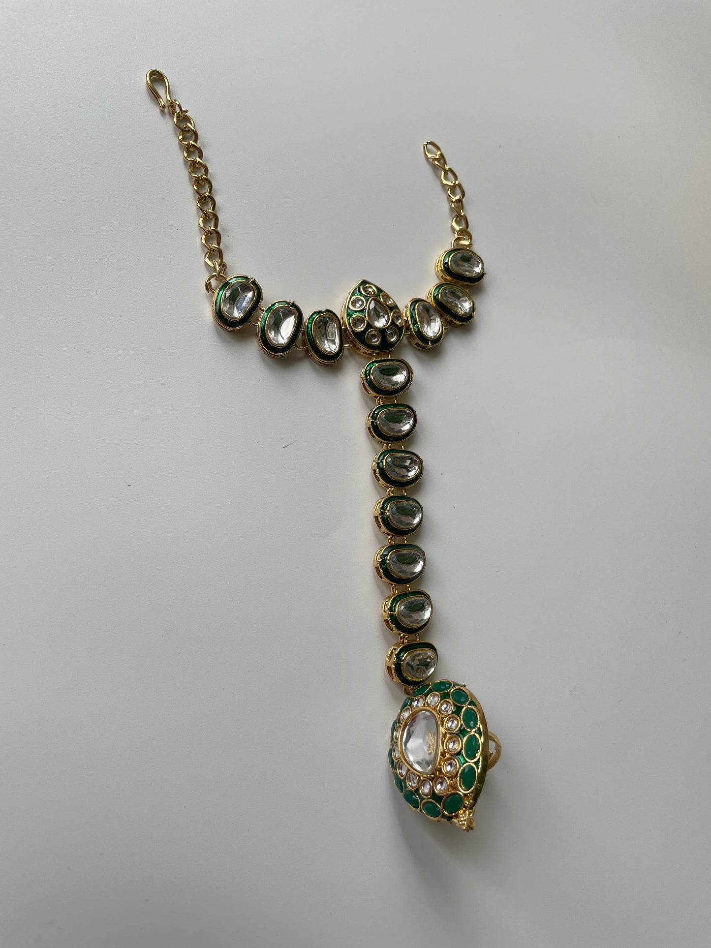 Emerald Green Utsav Kundan Necklace Set, Mathapatti, Nose Ring and Hand Harness