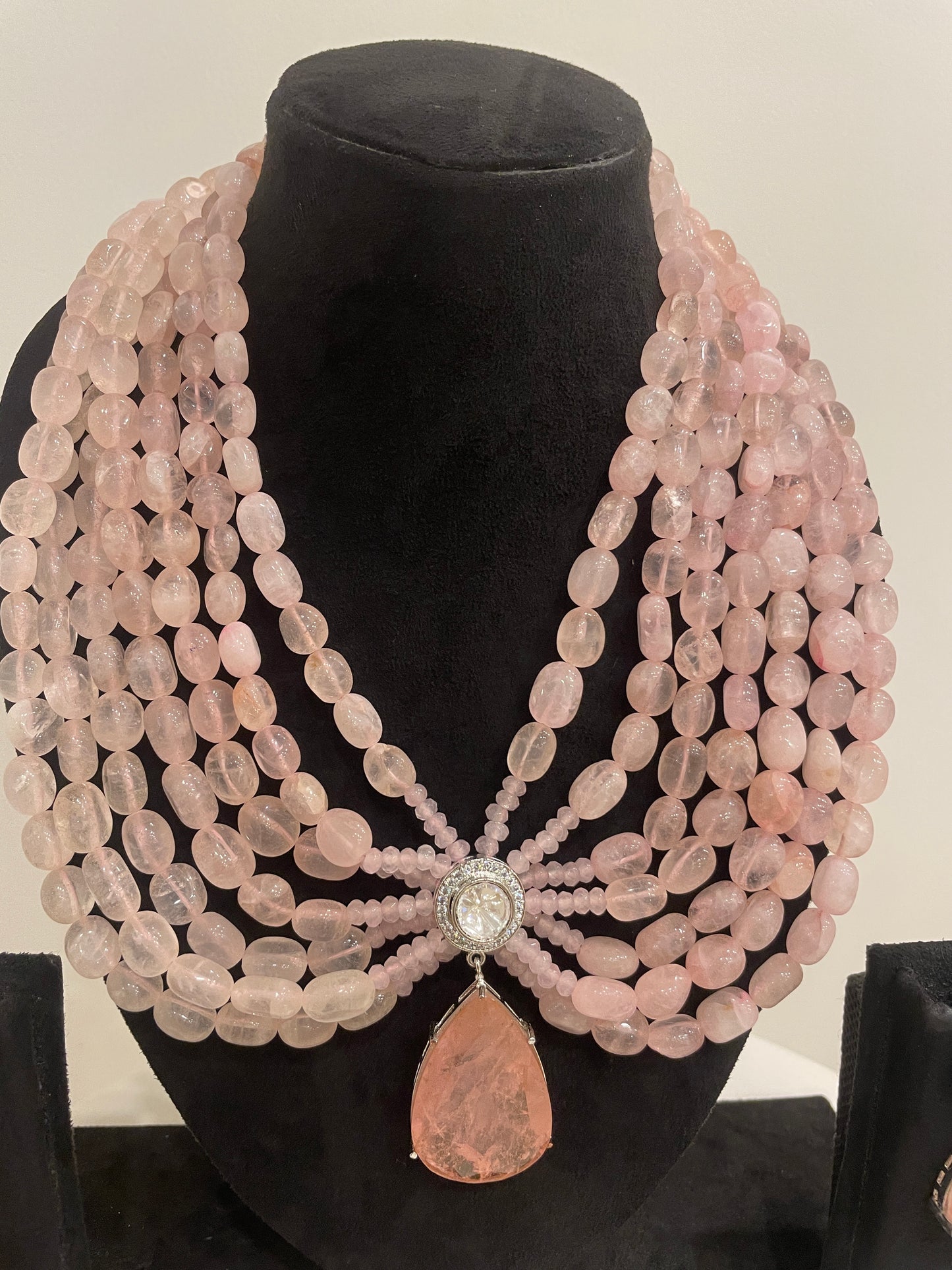 Regal Blush Pink Beaded Necklace Set with Crystal Drop