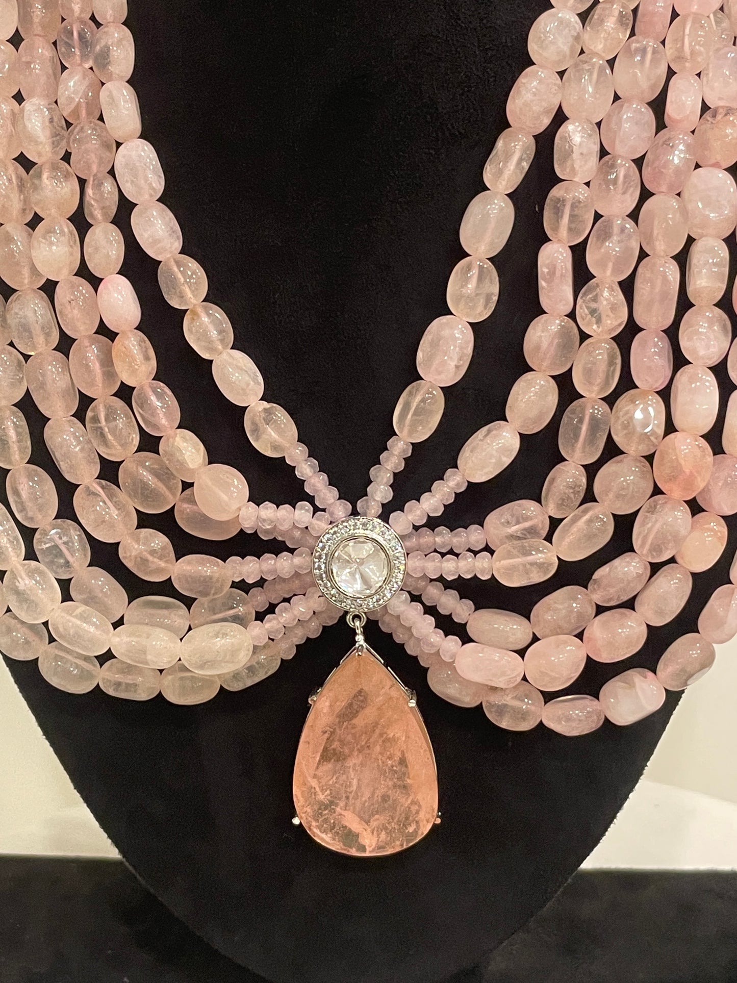 Regal Blush Pink Beaded Necklace Set with Crystal Drop