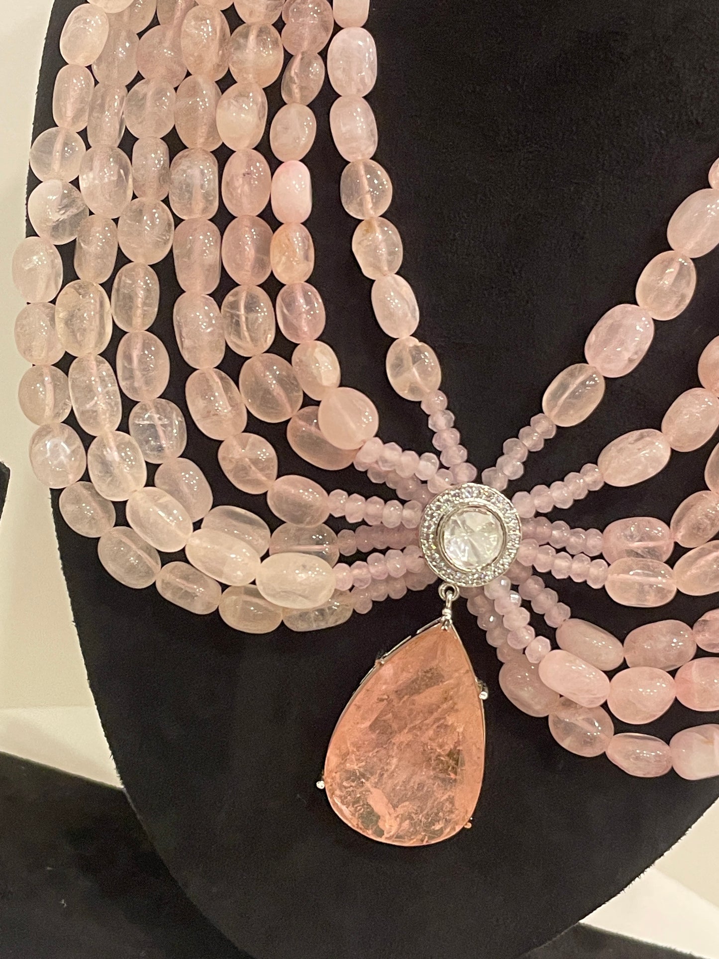 Regal Blush Pink Beaded Necklace Set with Crystal Drop