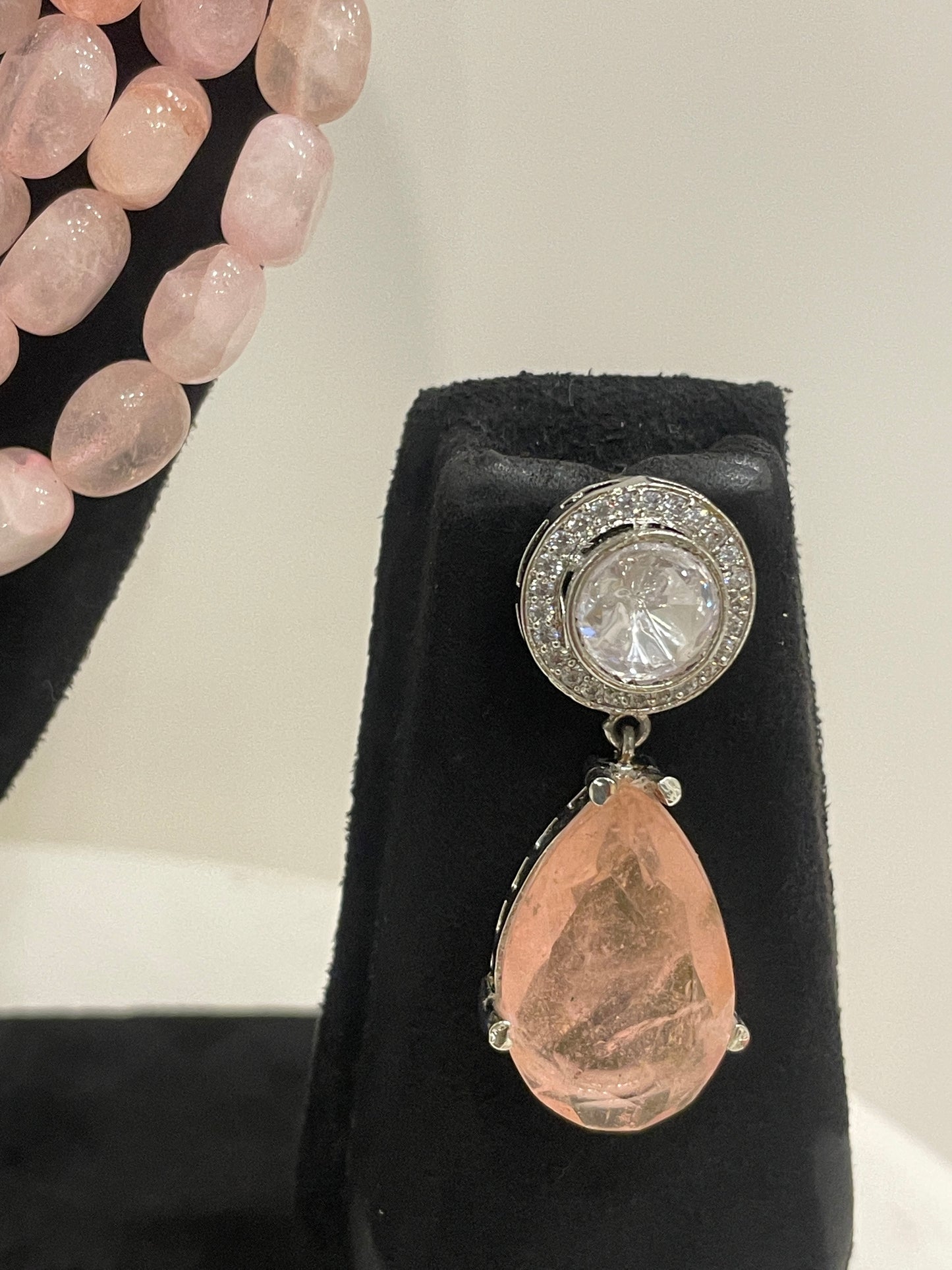 Regal Blush Pink Beaded Necklace Set with Crystal Drop