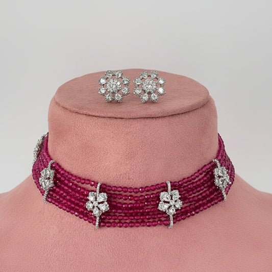 Fuchsia Pink Beaded Zircon Necklace Set