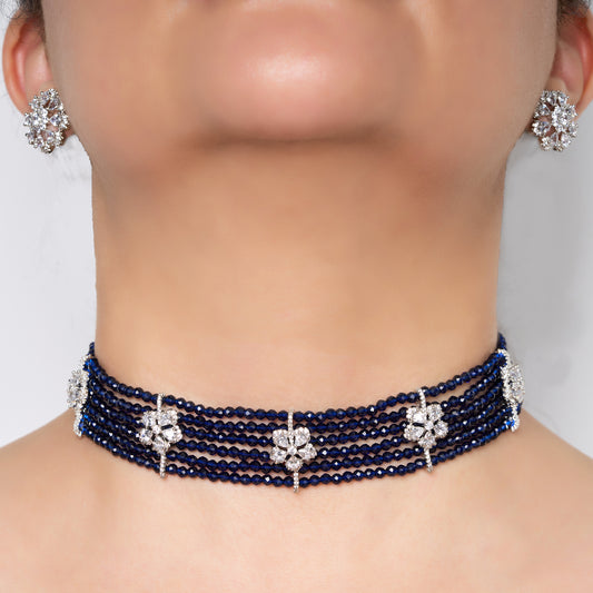 Navy Blue Beaded Zircon Necklace Set