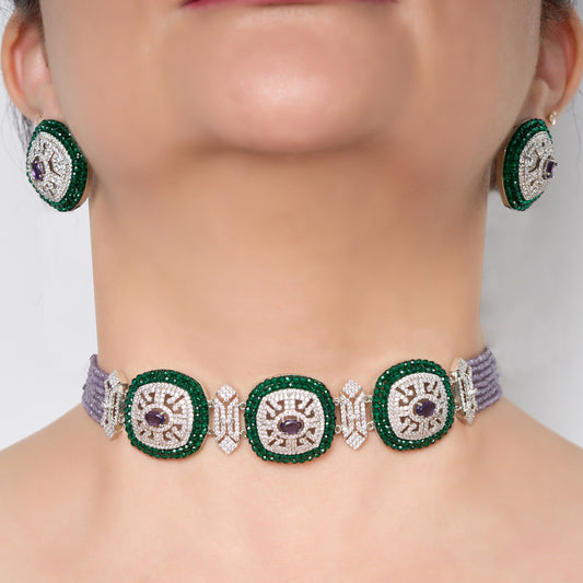 Zircon Choker Necklace Set with Lavender Beads
