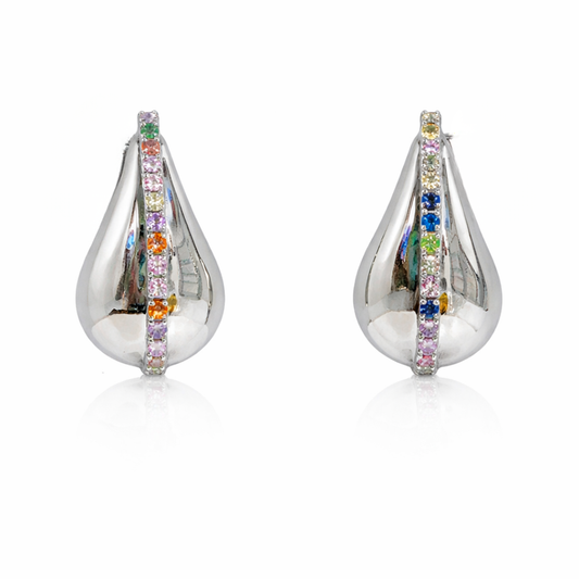 Silver Tear Drop Stud Earrings with Colored Zircon