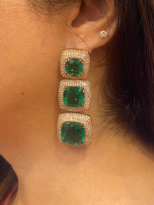 Green Doublet Crystal Earrings with Zircon Detailed Borders