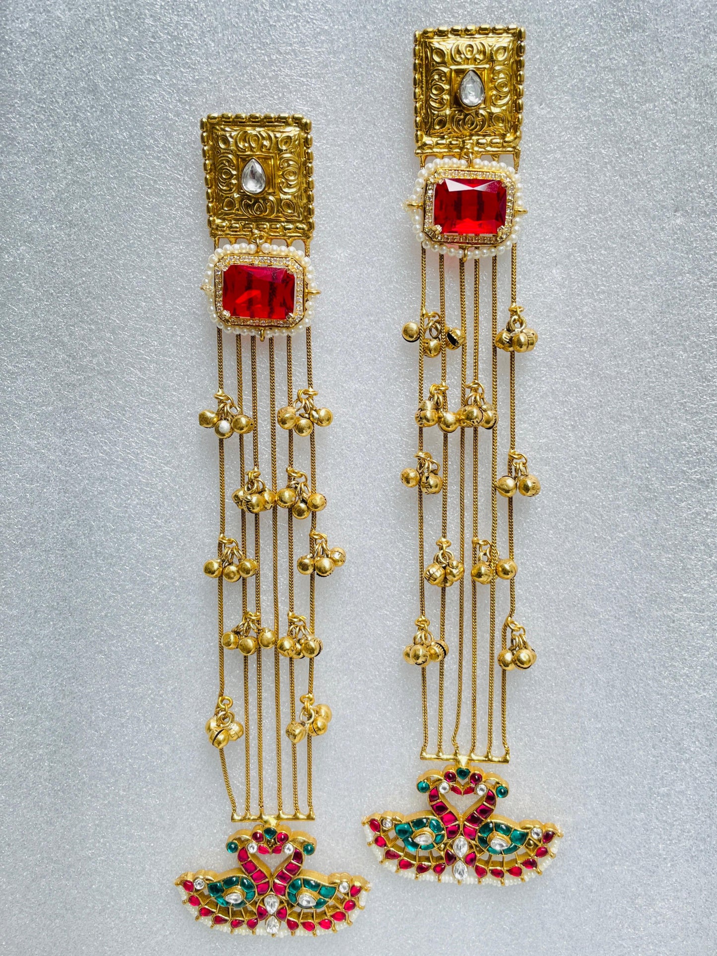 Dancing Peacock Shoulder Duster Earrings in Red