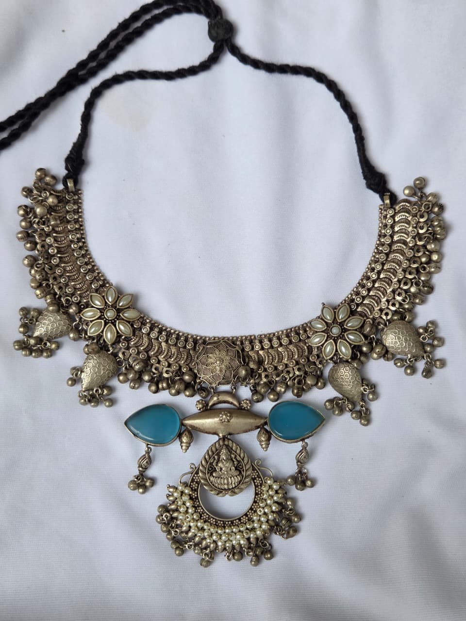 Oxidised Boohoo Necklace with Blue Stone Accents