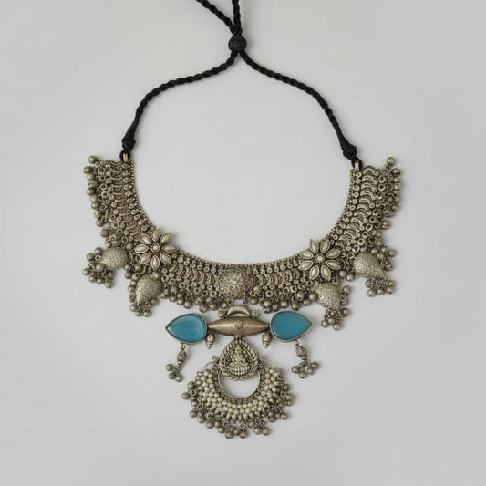 Oxidised Boohoo Necklace with Blue Stone Accents