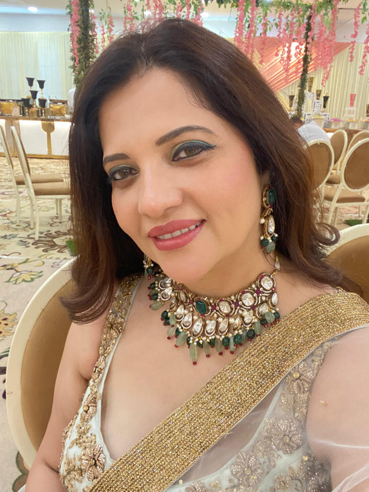 Kundan Necklace Set with the perfect Red and Green Stone Combo, accentuated with Pearls