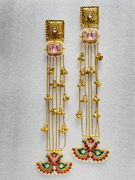 Dancing Peacock Shoulder Duster Earrings in Pink