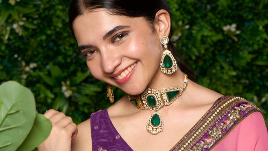 Cut Work Metal Detailing Green Stone Studded Necklace Set