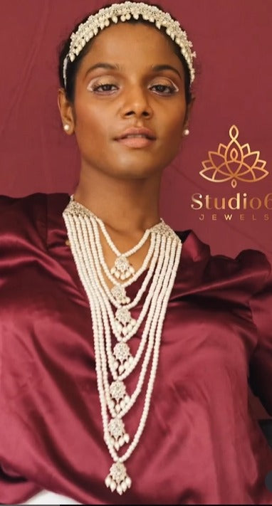 White Finish Pearl Long Layered Kundan Necklace with Choker Complete Set