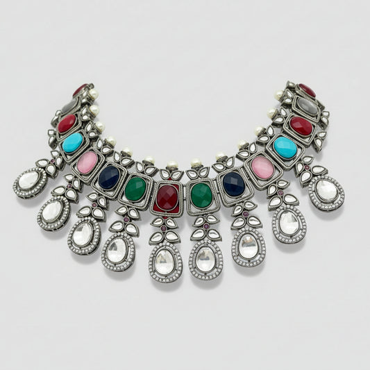 Black Rhodium Finish Multi Stone Necklace Set