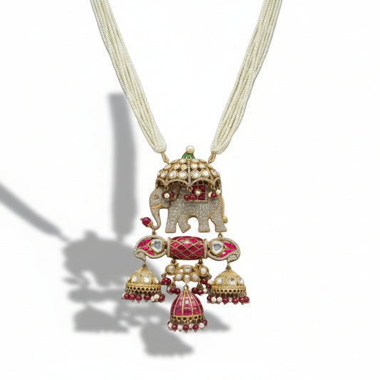 Stone Studded Kundan Long Pearl Necklace Set