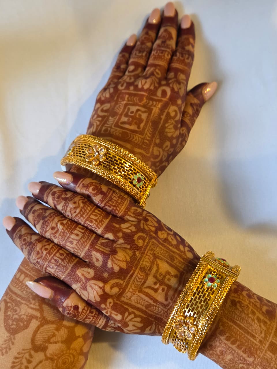 Gold Finish Filigree and Enamel Studded Broad Bangle Set