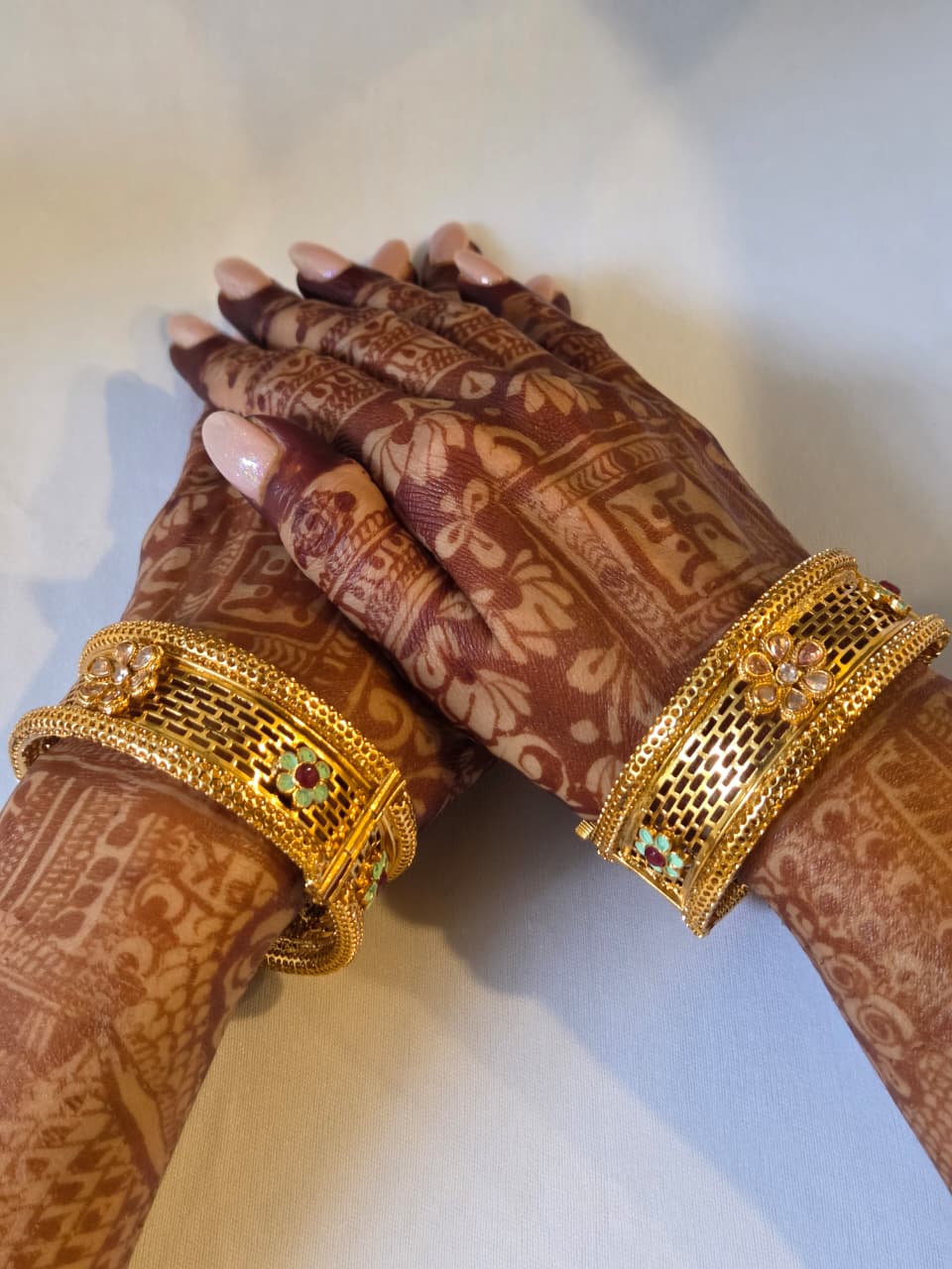 Gold Finish Filigree and Enamel Studded Broad Bangle Set