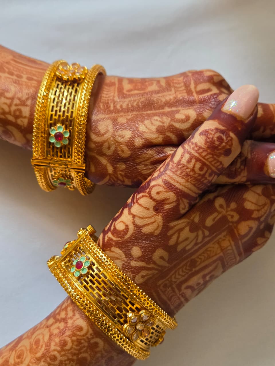 Gold Finish Filigree and Enamel Studded Broad Bangle Set