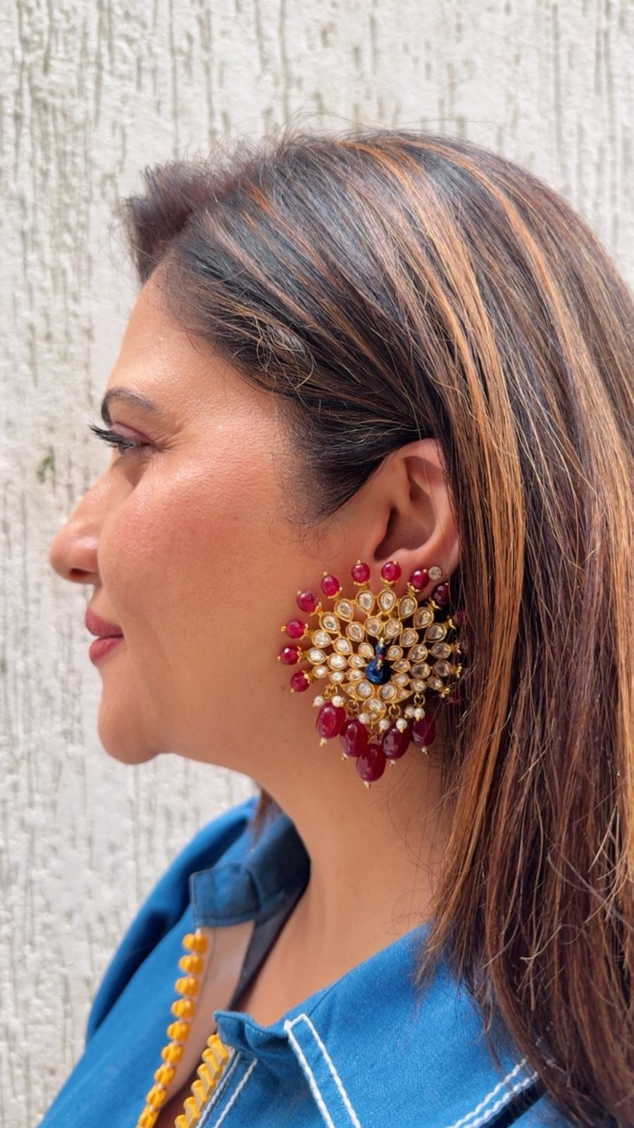 Peacock Motif Kundan Studs with Red Beads