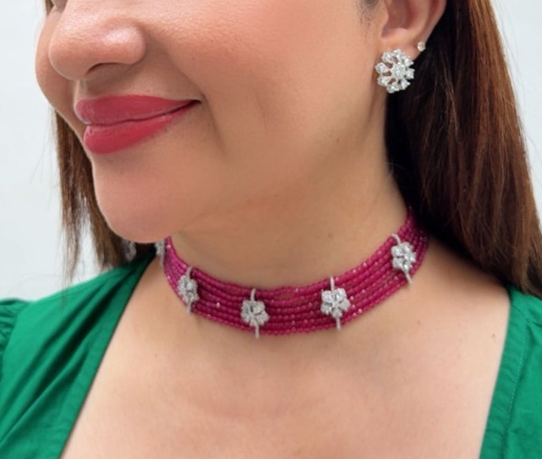 Fuchsia Pink Beaded Zircon Necklace Set