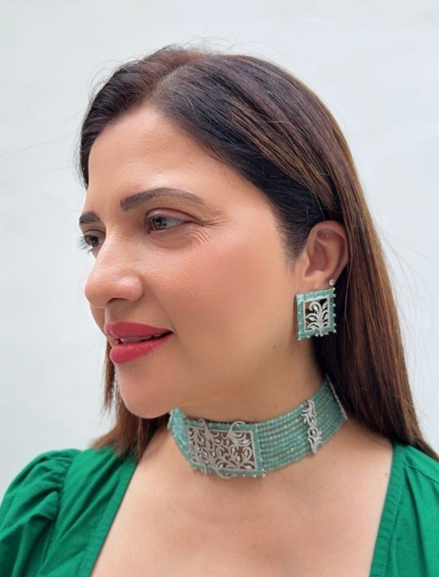 Zircon Choker Necklace Set with Mint Beads