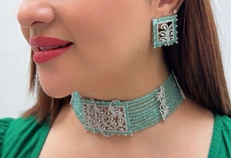 Zircon Choker Necklace Set with Mint Beads