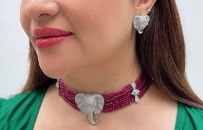 Zircon Elephant Motif Beaded Choker Necklace Set