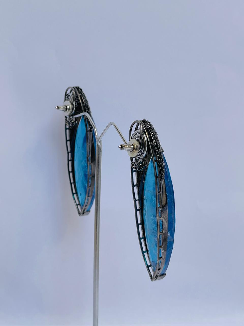Royal Blue Clear Crystal Earrings with Black Zircon Crown