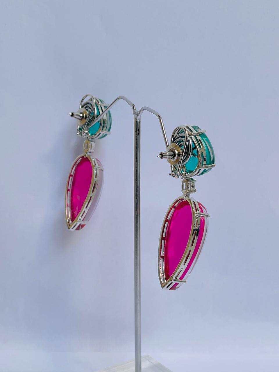 Contrast Blue and Pink Drop Earrings