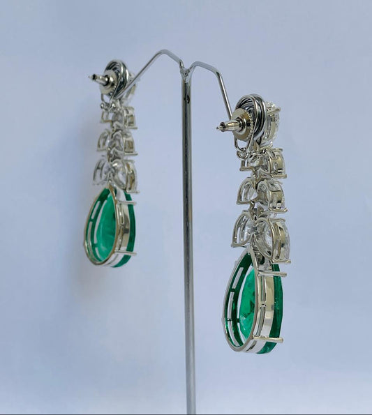 Emerald Studded Earrings with Zircon Leaf Accents