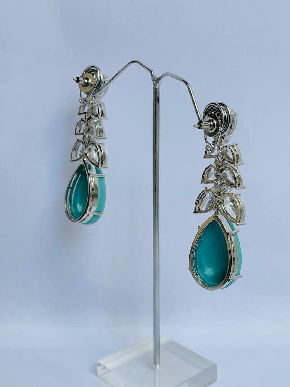 Turquoise Studded Earrings with Zircon Leaf Accents