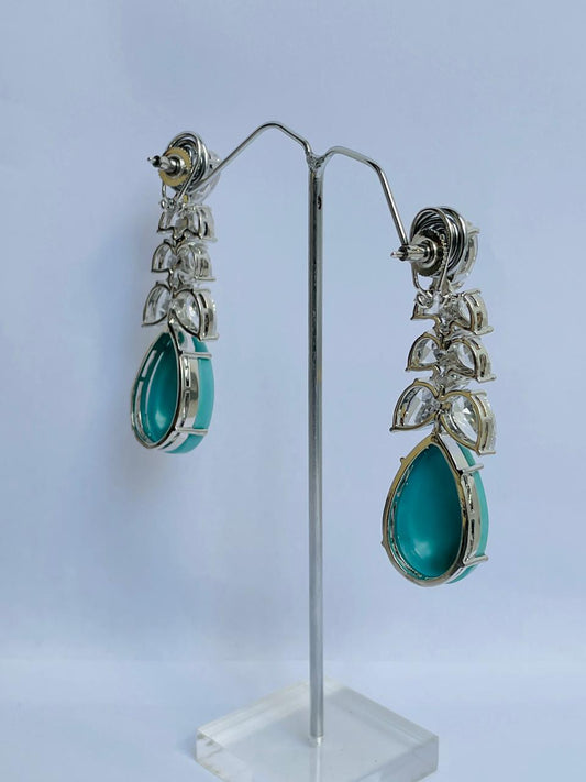 Turquoise Studded Earrings with Zircon Leaf Accents