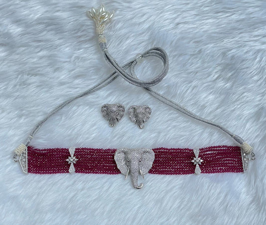 Zircon Elephant Motif Beaded Choker Necklace Set