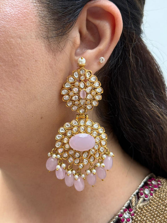 Kundan & zircon earrings with hanging beads in gold polish