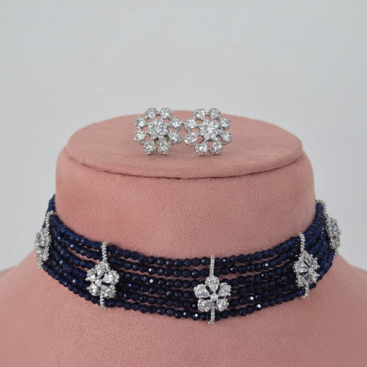 Navy Blue Beaded Zircon Necklace Set