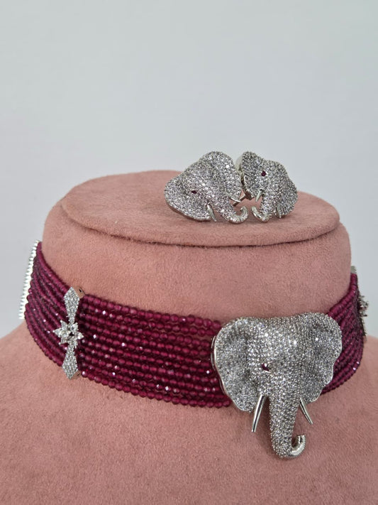 Zircon Elephant Motif Beaded Choker Necklace Set