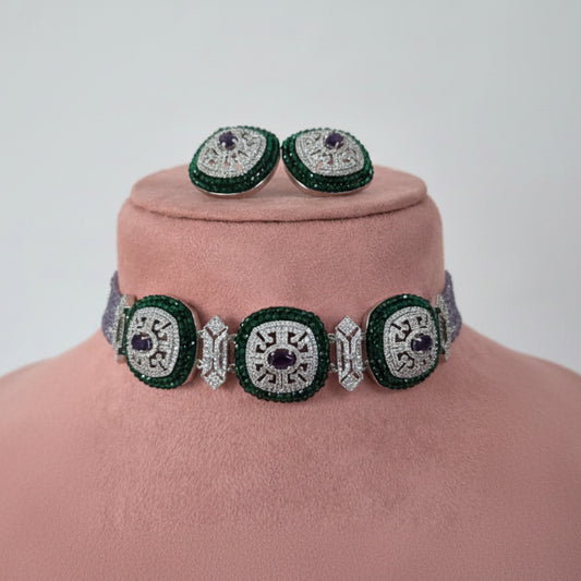 Zircon Choker Necklace Set with Lavender Beads