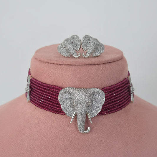 Zircon Elephant Motif Beaded Choker Necklace Set