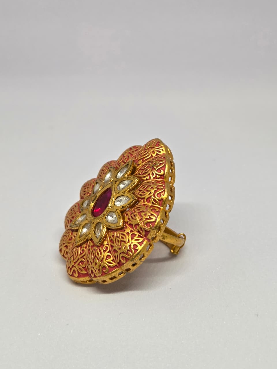 Kundan-Inspired Peach Meenakaari Ring