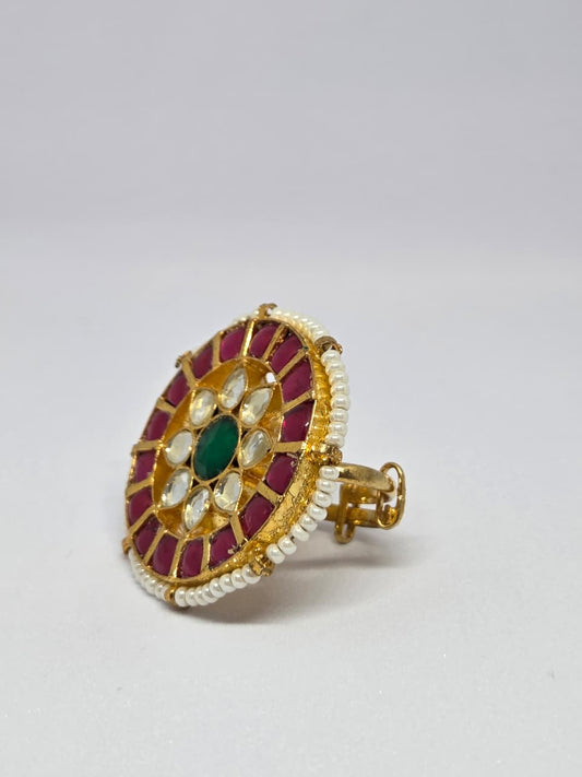 Gold Finish Pink Stone Kundan Ring
