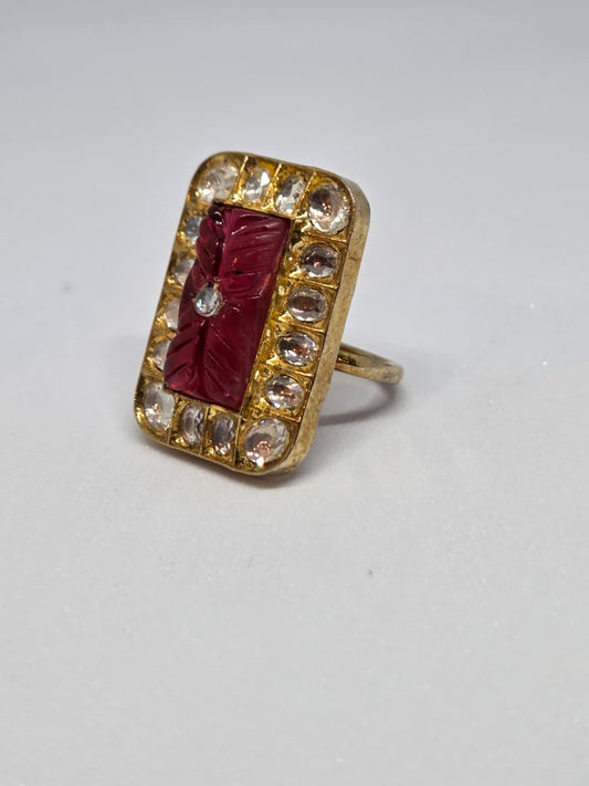 Kundan Ring with Red Carved Stone