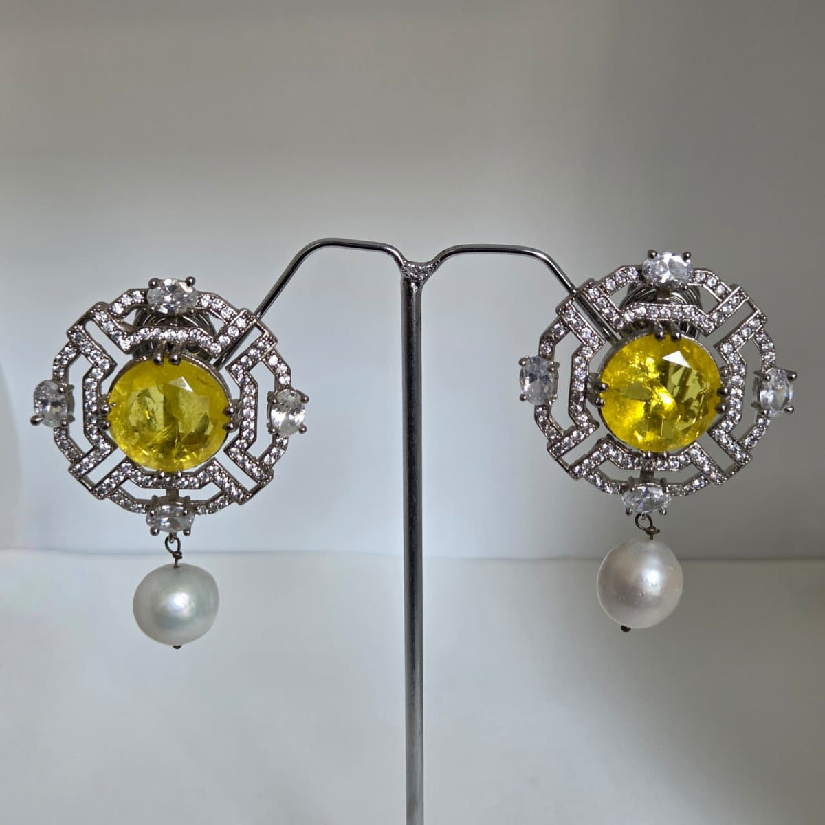 Zircon and Pearl Earrings with Bright Center Stone