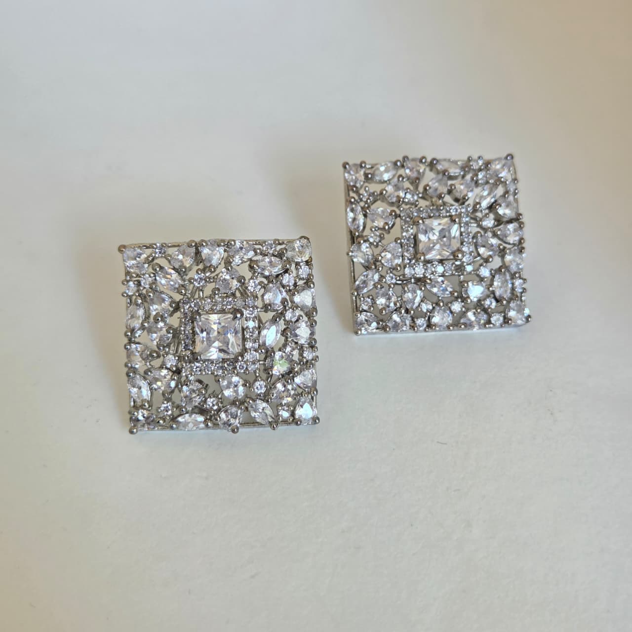 Square Studs with Fancy Cut Zircon Accents