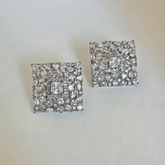 Square Studs with Fancy Cut Zircon Accents